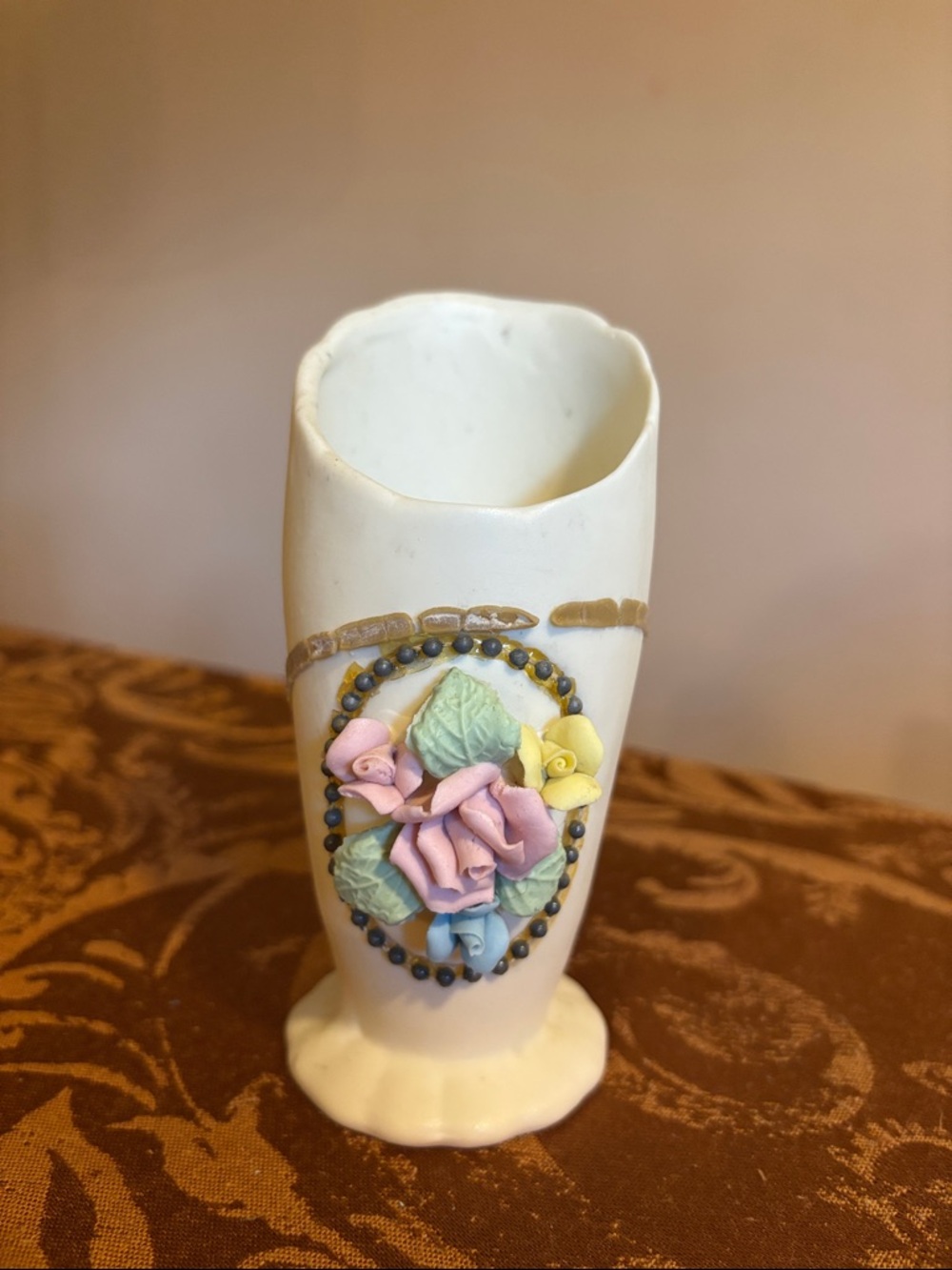 White Ceramic Bud Vase with Pastel Floral Applique